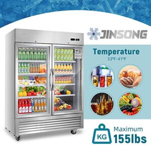 JINSONG 54" Commercial Display Refrigerator with 2 Glass Door, 2 Section Stainless Steel Reach-in Beverage Display Refrigerator with LED Lighting & 8 shelves for Restaurant, Bar, Shop, 49 Cu.ft