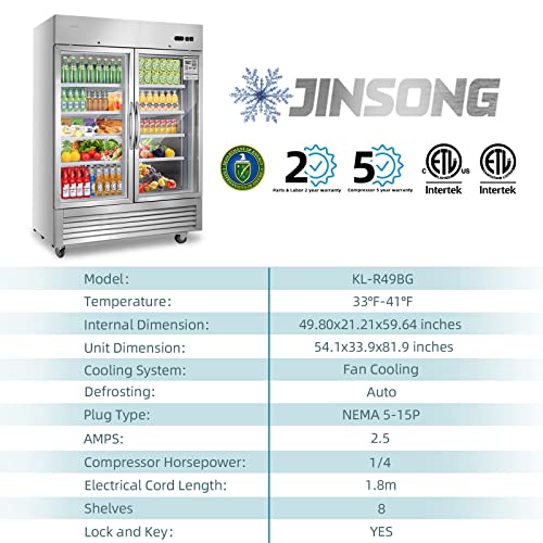 JINSONG 54" Commercial Display Refrigerator with 2 Glass Door, 2 Section Stainless Steel Reach-in Beverage Display Refrigerator with LED Lighting & 8 shelves for Restaurant, Bar, Shop, 49 Cu.ft