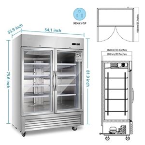 JINSONG 54" Commercial Display Refrigerator with 2 Glass Door, 2 Section Stainless Steel Reach-in Beverage Display Refrigerator with LED Lighting & 8 shelves for Restaurant, Bar, Shop, 49 Cu.ft