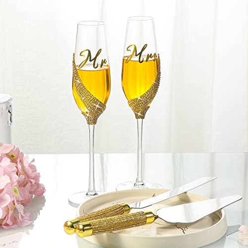 Wedding Champagne Flutes and Cake Server Set-Include Champagne Flutes Glasses, Cake Cutting Set for Wedding, Wedding Toasting Flutes, Champagne Flutes for Bride and Groom, Wedding Reception Supplies