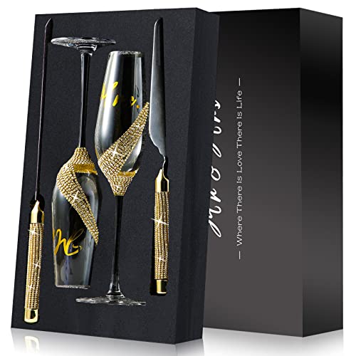 Wedding Champagne Flutes and Cake Server Set-Include Champagne Flutes Glasses, Cake Cutting Set for Wedding, Wedding Toasting Flutes, Champagne Flutes for Bride and Groom, Wedding Reception Supplies