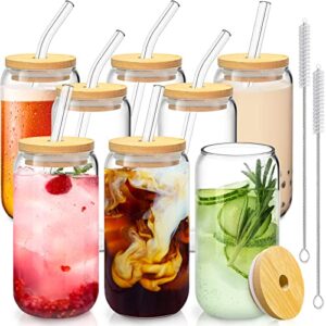 8 pcs drinking glasses with bamboo lids and glass straw - 16 oz can shaped glass cups beer glasses ice coffee glasses cute tumbler cup great for soda boba tea cocktail include 2 cleaning brushes