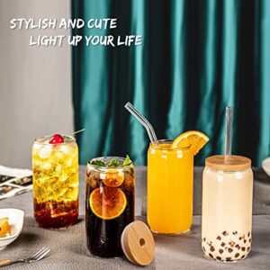 8 Pcs Drinking Glasses with Bamboo Lids and Glass Straw - 16 Oz Can Shaped Glass Cups Beer Glasses Ice Coffee Glasses Cute Tumbler Cup Great for Soda Boba Tea Cocktail Include 2 Cleaning Brushes
