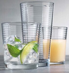 set of 18 drinking glasses, includes 6-17 oz. highball glasses, 6-13 oz. rock glasses, 6-7 oz. juice glasses, ribbed glasses, for cocktail, water, juice. dishwasher safe