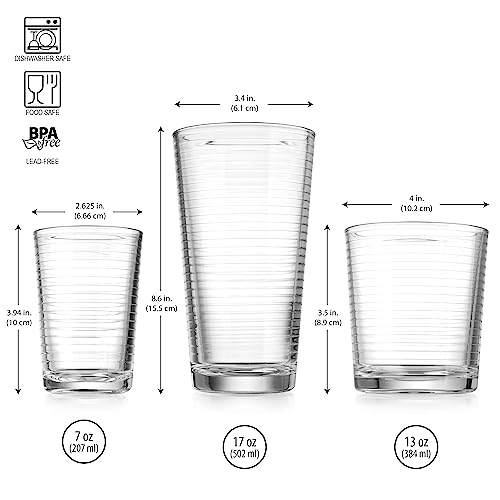 Set Of 18 Drinking Glasses, Includes 6-17 Oz. Highball Glasses, 6-13 Oz. Rock Glasses, 6-7 Oz. Juice Glasses, Ribbed Glasses, For Cocktail, Water, Juice. Dishwasher Safe