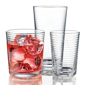 Set Of 18 Drinking Glasses, Includes 6-17 Oz. Highball Glasses, 6-13 Oz. Rock Glasses, 6-7 Oz. Juice Glasses, Ribbed Glasses, For Cocktail, Water, Juice. Dishwasher Safe