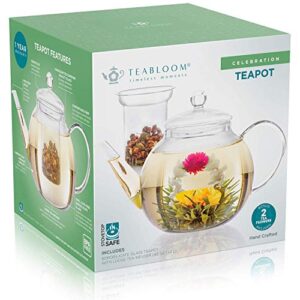 Teabloom Stovetop & Microwave Safe Teapot (40 OZ) with Removable Loose Tea Glass Infuser – Includes 2 Blooming Teas – 2-in-1 Tea Kettle and Tea Maker