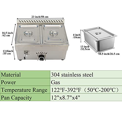 PreAsion 2 Pan Commercial Propane LP Gas Food Warmer Propane Gas Bain Marie Buffet Food Warmer with Regulator Canteen Buffet Gas Steam Table