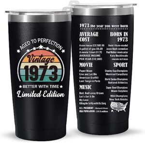 jettryran 50th birthday gifts for women men parents 50 years old gifts- 20 oz double-sided vintage 1973 with time information tumbler cup（black） turning 50- tb004