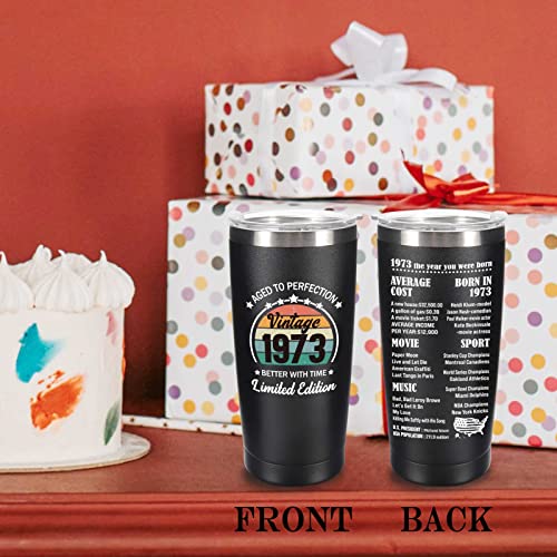 Jettryran 50th Birthday Gifts for Women Men Parents 50 Years Old Gifts- 20 oz Double-sided Vintage 1973 with Time Information Tumbler Cup（black） Turning 50- TB004