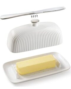 getstar butter dish, ceramic butter dish with lid and stainless steel knife for countertop, fit both west east coast butter, with magnet to attract knife