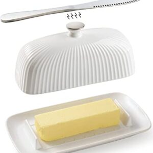 Getstar Butter Dish, Ceramic Butter Dish with Lid and Stainless Steel Knife for Countertop, Fit both West East Coast Butter, with Magnet to Attract Knife