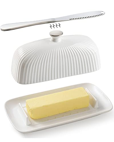 Getstar Butter Dish, Ceramic Butter Dish with Lid and Stainless Steel Knife for Countertop, Fit both West East Coast Butter, with Magnet to Attract Knife