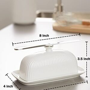 Getstar Butter Dish, Ceramic Butter Dish with Lid and Stainless Steel Knife for Countertop, Fit both West East Coast Butter, with Magnet to Attract Knife