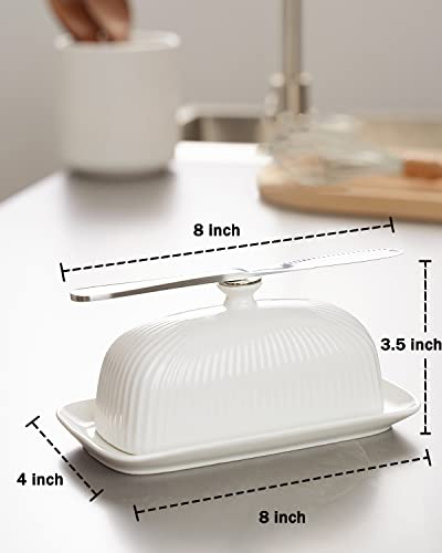 Getstar Butter Dish, Ceramic Butter Dish with Lid and Stainless Steel Knife for Countertop, Fit both West East Coast Butter, with Magnet to Attract Knife