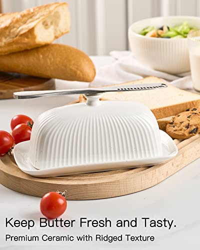 Getstar Butter Dish, Ceramic Butter Dish with Lid and Stainless Steel Knife for Countertop, Fit both West East Coast Butter, with Magnet to Attract Knife
