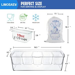 LIMOEASY Chilled Condiment Server, Clear Garnish Tray with Lid for Bar for Parties with 5 Removable Compartments, Ice Serving Bowl, Serving Containers for Fruit, Caddy, Snack, Sauce