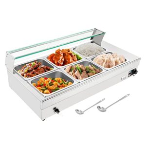 loyalheartdy 110v 1.2kw bain marie food warmer 6 pan x 1/2 gn, food grade 201 stainelss steel electric steam table 6-inch deep with glass cover buffet food warmer steam table for catering restaurants