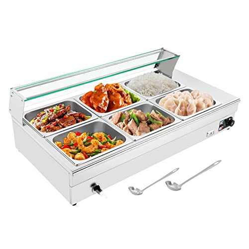 LOYALHEARTDY 110V 1.2kW Bain Marie Food Warmer 6 Pan x 1/2 GN, Food Grade 201 Stainelss Steel Electric Steam Table 6-Inch Deep with Glass Cover Buffet Food Warmer Steam Table for Catering Restaurants