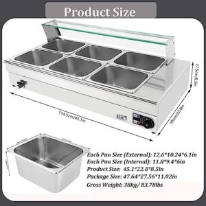 LOYALHEARTDY 110V 1.2kW Bain Marie Food Warmer 6 Pan x 1/2 GN, Food Grade 201 Stainelss Steel Electric Steam Table 6-Inch Deep with Glass Cover Buffet Food Warmer Steam Table for Catering Restaurants