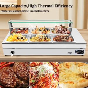 LOYALHEARTDY 110V 1.2kW Bain Marie Food Warmer 6 Pan x 1/2 GN, Food Grade 201 Stainelss Steel Electric Steam Table 6-Inch Deep with Glass Cover Buffet Food Warmer Steam Table for Catering Restaurants