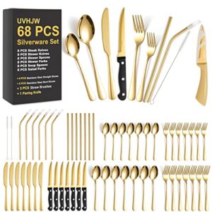 68-piece gold silverware set with steak knife, service for 8, stainless steel flatware cutlery set with metal straw drinking set, mirror polished fork spoon knife set eating utensils tableware