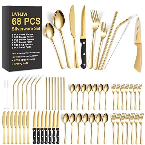 68-piece Gold Silverware Set with Steak Knife, Service for 8, Stainless Steel flatware Cutlery Set with Metal Straw Drinking Set, Mirror Polished Fork Spoon Knife Set Eating Utensils Tableware