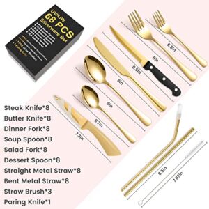 68-piece Gold Silverware Set with Steak Knife, Service for 8, Stainless Steel flatware Cutlery Set with Metal Straw Drinking Set, Mirror Polished Fork Spoon Knife Set Eating Utensils Tableware