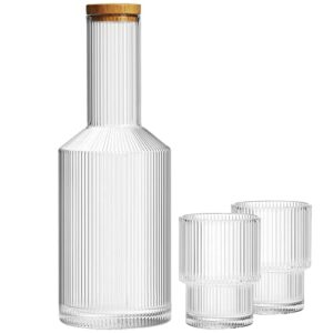 alink glass bedside water carafe with lid and glass cups set, ribbed carafe glassware drinking glasses for nightstand, 27oz vintage fluted glassware water pitcher - clear