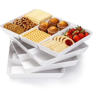 4 Pack, 16" x 11", 3-Section Large White Serving Trays Set - Reusable Plastic Serving Platters for Party Food, Cookie, Appetizer, Charcuterie, Snack, Dessert Display, Stackable Kitchen Dish, BPA Free