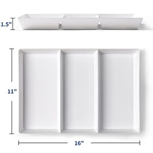 4 Pack, 16" x 11", 3-Section Large White Serving Trays Set - Reusable Plastic Serving Platters for Party Food, Cookie, Appetizer, Charcuterie, Snack, Dessert Display, Stackable Kitchen Dish, BPA Free