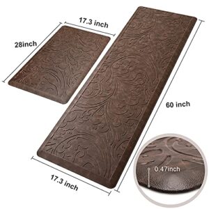 KMAT 2PCS Kitchen Mat Cushioned Anti-Fatigue Floor Mat,Waterproof Non-Slip Standing Mat,Ergonomic Comfort Floor Mat Rug for Home,Office,Sink,Laundry,Desk(17.3"x28"+17.3"x60",Brown)