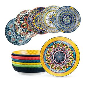 henxfen lead pasta salad bowls set of 6, wide and shallow serving dishes 27 oz - 8 inch porcelain soup plates for dinner, kitchen and eating - bohemian style