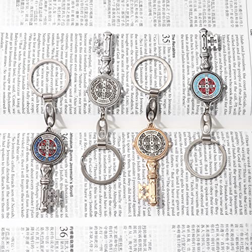 WHLHMK 4Pcs Saint Benedict Medal Keychain, St Benedict Medals Key Chain, Saint Benedict Jubilee Medal, Cross Protection Key Shaped Keychain, Exorcism Medal Christian Sacramental Medal Keyring