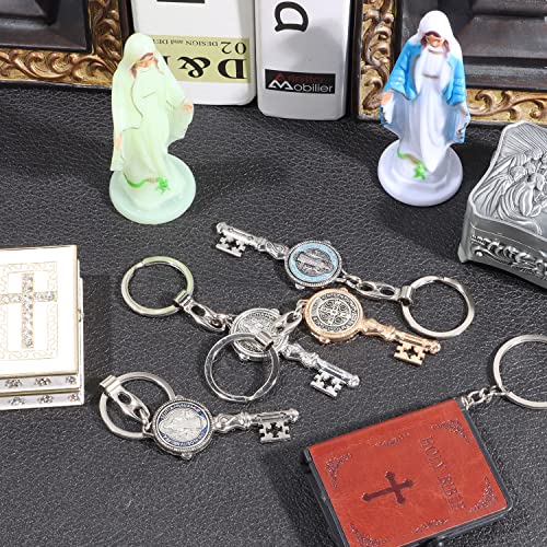 WHLHMK 4Pcs Saint Benedict Medal Keychain, St Benedict Medals Key Chain, Saint Benedict Jubilee Medal, Cross Protection Key Shaped Keychain, Exorcism Medal Christian Sacramental Medal Keyring