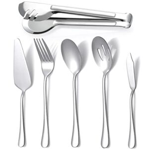 eisinly serving utensils, set of 6 large serving spoons forks tongs butter knife and pie server, thickened stainless steel buffet catering flatware serving set for party banquet