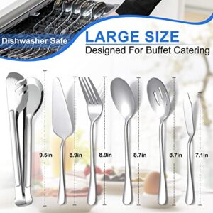 Eisinly Serving Utensils, Set of 6 Large Serving Spoons Forks Tongs Butter Knife and Pie Server, Thickened Stainless Steel Buffet Catering Flatware Serving Set for Party Banquet