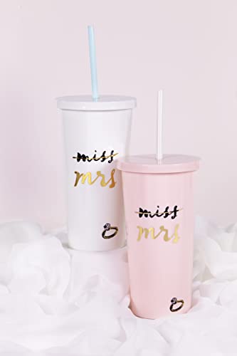 Kate Spade New York Acrylic Bridal Tumbler with Lid and Straw, 20 oz Tumbler for Bride to Be, Slim Double Wall Tumbler, Miss to Mrs. (Blush)