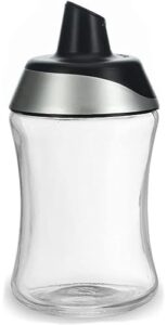 j&m design sugar dispenser w/pour spout for coffee bar accessories, tea organizer station essentials, coffee gifts & kitchen baking w/easy spoon pouring shaker lid - 7.5oz glass jar container bowl