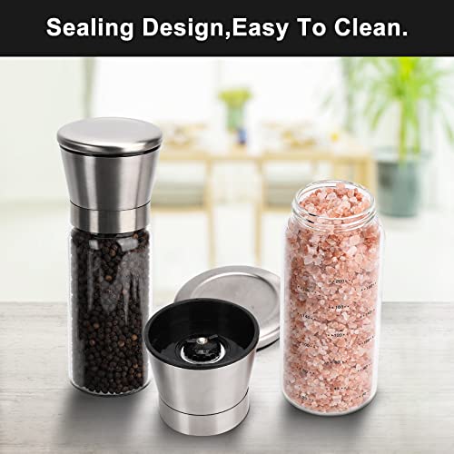 Upgraded Salt and Pepper Grinder Set of 2 Packs, Stainless Steel Pepper Grinder, High Strength Glass Sea Salt and Pepper Shakers with Adjustable Coarseness Mills, Refillable Pepper Mill By Keyloland