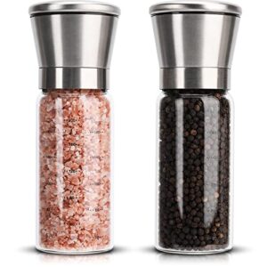upgraded salt and pepper grinder set of 2 packs, stainless steel pepper grinder, high strength glass sea salt and pepper shakers with adjustable coarseness mills, refillable pepper mill by keyloland