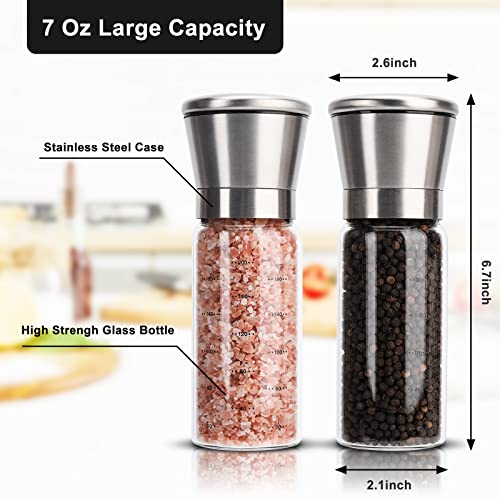 Upgraded Salt and Pepper Grinder Set of 2 Packs, Stainless Steel Pepper Grinder, High Strength Glass Sea Salt and Pepper Shakers with Adjustable Coarseness Mills, Refillable Pepper Mill By Keyloland