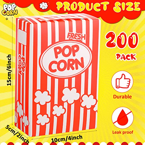 200 Count Carton Red and White Striped Popcorn Boxes Collapsible Popcorn Containers Disposable Popcorn Holders Bulk for Home Theater Carnival Movie Parties and Theater Night, 6 x 4 x 2 Inches