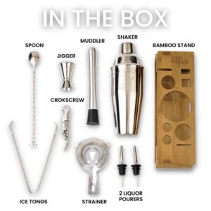 MIX IT SHAKE IT 10-Piece Premium Bartender Kit with Designer Bamboo Stand, Bar Tool Set | Perfect Home Bar Set & Martini Cocktail Shaker Set | Perfect for Gift, Drink Mixing & Party (Silver)