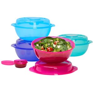 easylunchboxes® - salad to-go containers - reusable bowl with built-in, leak-proof dressing cup for salad, pasta, cereal, rice & more - great for work, travel, & meal prep, set of 4 (jewel brights)