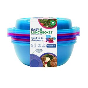 EasyLunchboxes® - Salad To-Go Containers - Reusable Bowl with Built-In, Leak-Proof Dressing Cup for Salad, Pasta, Cereal, Rice & More - Great for Work, Travel, & Meal Prep, Set of 4 (Jewel Brights)