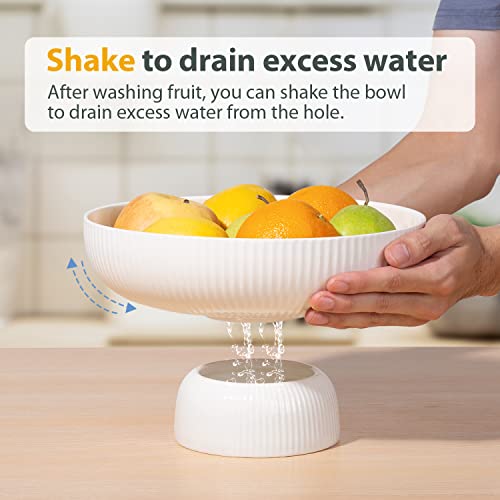 Magclay Ceramic Fruit Bowl with Draining Holes, 10" Large Fruit Basket with Multifunctional Removable Pedestal, Decorative Fruit Bowl for Table Countertop, Fruit and Vegetable Holder, White