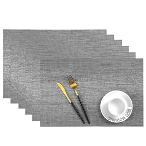leetaltree grey placemats, heat resistant non-slip place mats for dining table, washable durable pvc vinyl woven table mats (set of 6)