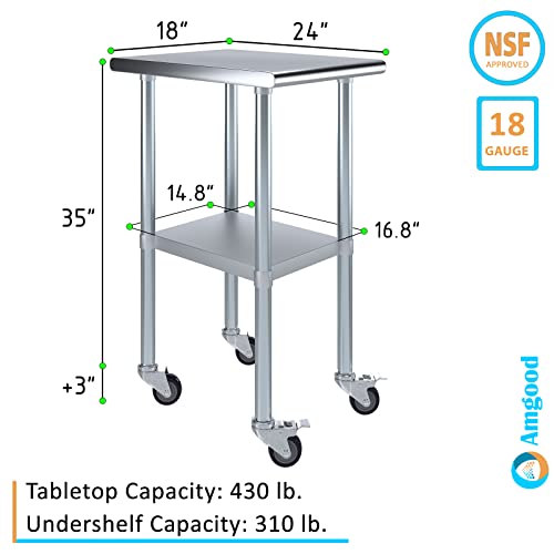 AmGood Stanless Steel Work Table with Casters | Mobile Metal Table (Stainless Steel Table + Casters, 18" Long x 24" Deep)