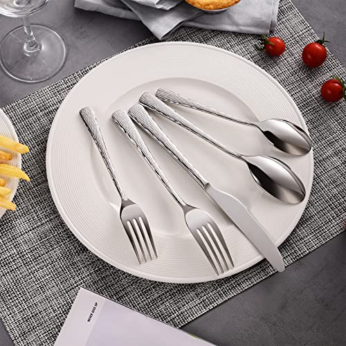 KINGSTONE Hammered Silverware Set, 40-Piece Flatware Set for 8, 18/10 Stainless Steel Premium Cutlery with Unique Ripple Handles Design Mirror Polished - Dishwasher Safe